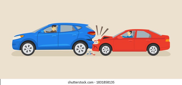 Isolated red sedan car and blue suv car crash. Traffic or road accident. Flat vector illustration template.