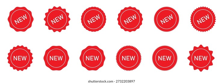 Pegatinas rojas aisladas Nueva llegada, etiquetas de Producto, etiquetas de venta, Elementos de ilustración de negocios y compras, conjunto de iconos de marketing en línea, editable.