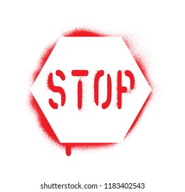 Isolated red STOP traffic sign on white. Spray paint graffiti stencil.