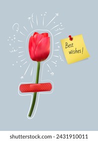 An isolated red tulip is attached to the surface with a medical plaster. Next to it is attached a yellow sticky note with Best wishes. Place for text. 3d illustration. Vector