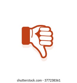 Isolated red vector gesture logo. Dislike icon. Disapproval sign. Thumb down image. Roman symbol. Estimation element. Pantomime logotype. Sign language label. Bad mark emblem. Graphic hand.