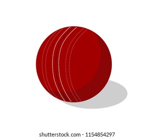 Isolated red volume cricket ball on white background with shadow. Vector design. Sports, fitness, activity vector illustration. Vector elements of equipment for cricket. Realistic color version.