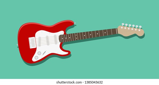 Isolated red and white electric guitar with a green background. Musical instrument. Flat style vector illustration.