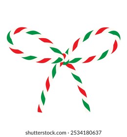 Isolated сotton red white green rope bakers twine bow and ribbons for gift. Packing string for decoration, present for New Year, Christmas, birthday. Vector EPS10. Element on transparent background.