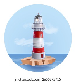 An isolated red and white lighthouse on a rock, a symbol of sea travel. A realistic vector clipart with a sea and cloud background for travel, advertising