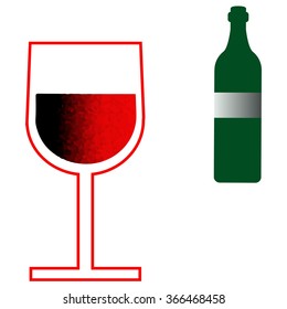 Isolated red wine glass on the left side with a small green bottle of wine in a corner on a white background.