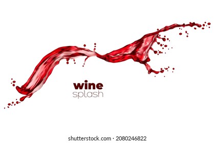 Isolated Red Wine And Juice Wave Flow With Drops. Vector Liquid Splash Of Alcohol Or Refreshing Drink. Splashing Wine Wave, Dynamic Motion 3d With Spray Droplets. Realistic Red Beverage