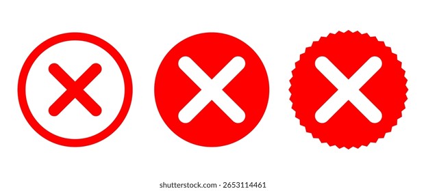 Isolated Red Wrong icon symbol in Flat style set, Deny, Reject and Cancle graphic buttons design for UI, Banner and Infographic use, Editable.