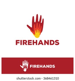 Isolated red and yellow hands on fire logo. Fire symbol. Firefighters logotype. Risk of burns illustration. Olympic games emblem. Energy sign. Prometheus' element. 