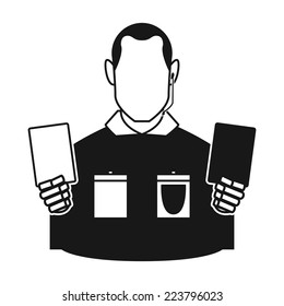 an isolated referee with a pair of soccer cards on a white background