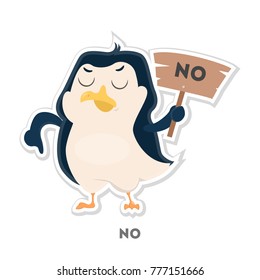 Isolated refusing cartoon penguin on white background.