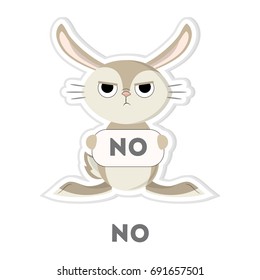 Isolated refusing rabbit on white background. Funny cartoon emoji.