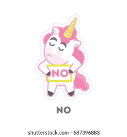 Isolated refusing unicorn on white background. Funny cartoon emoji.