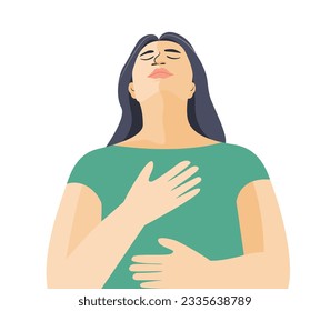 Isolated relaxed woman breathing fresh air. Flat vector illustration.