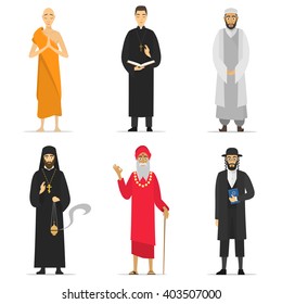 Isolated religion ministers. Monks and priest. greeting. Buddhist, Catholic, Muslim, Orthodox Priest, Sadhu, Orthodox Jew. World religions monk people. isolated cartoon greeting characters vector monk