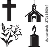 Isolated religious Easter icon set, cross church lily candle vector, minimalist thin line vector, clean flat illustration, Christian Easter symbols vector