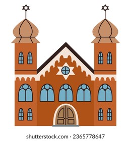 Isolated religious synagogue with two towers and jewish star. Spiritual architecture collection. Flat vector illustration on white background.