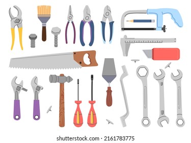 Isolated repair tools. Wrenches vise and screws, construction tool and screwdriver. Toolkit icons, home design or recover, builder workers decent vector elements