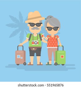 Isolated retired couple on vacation. Happy funny grandparents in sunglasses with cameras and suitcases.