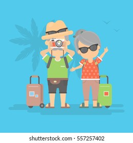 Isolated retired couple on vacation. Happy funny grandparents in sunglasses with cameras and suitcases.