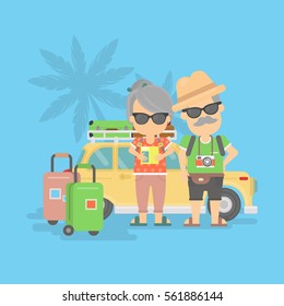 Isolated retired couple on vacation. Happy funny grandparents in sunglasses with cameras and suitcases stand near traveling car.