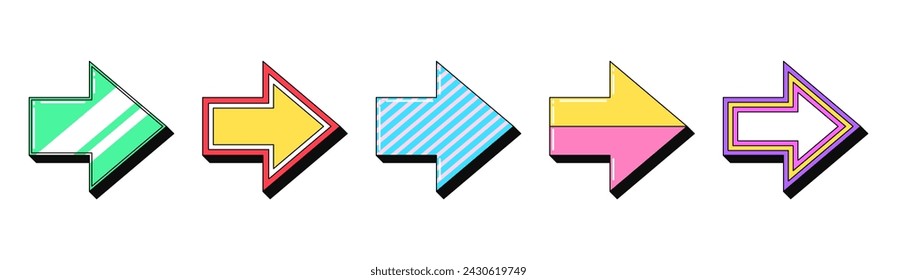 Isolated retro arrow icon set, vector stickers. Arrow pointer, navigation, motion arrowhead, cursor, direction sign. Outline 3d arrows, retro design elements and signs for party and pop culture