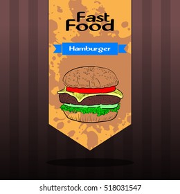 Isolated retro banner with a hamburger, Vector illustration