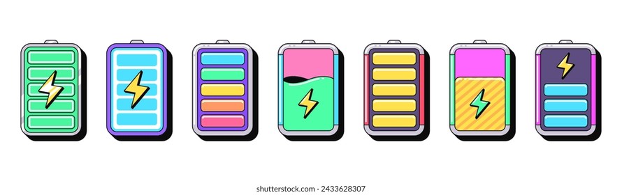 Isolated retro battery icon set, vector stickers. Electric accumulator and energy, charging battery with lightning sign, charge level. Outline 3d batteries with pattern. Retro design elements for ads