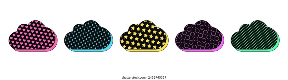 Isolated retro black cloud icon set, vector stickers. Digital data storage, cloud technology and datacenter, update center. Textured 3d cloud set, retro design elements for ads and pop culture