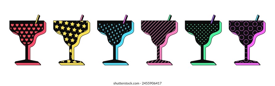 Isolated retro black cocktail icon set, vector stickers. Cocktail party, pattern glasses with juice or alcohol drink, summer bar. Textured 3D cocktail set, retro design elements for ads and pop party