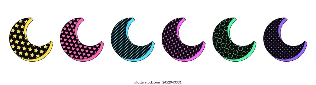 Conjunto de iconos de media luna negro retro aislado, pegatinas de Vector. Media luna, sueño mágico, noche y tiempo de sueño, fase lunar. Conjunto de media luna 3d texturizado, Elementos de diseño retro para fiesta, anuncios y cultura pop