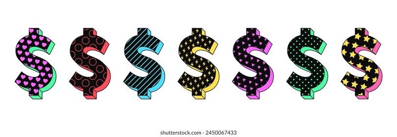 Isolated retro black dollar icon set, vector stickers. Money, currency symbol, cash sign, finance, banking business, investment. Textured 3d dollar set, retro design elements for ads and pop culture