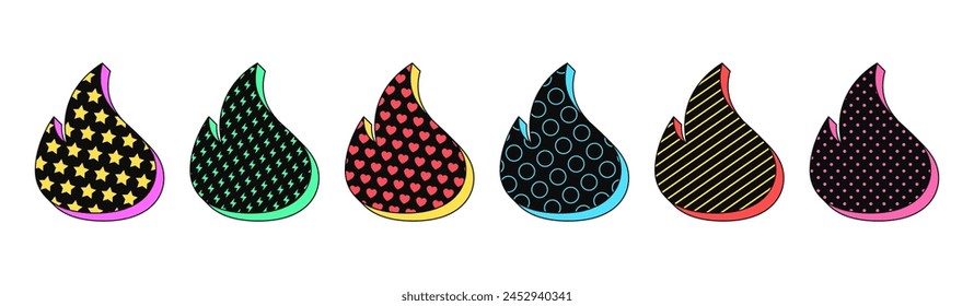 Isolated retro black fire icon set, vector stickers. Hot content, flame shape, top, super popular, burning hit, blaze. Textured 3d fire set, retro design elements for ads, party and pop culture