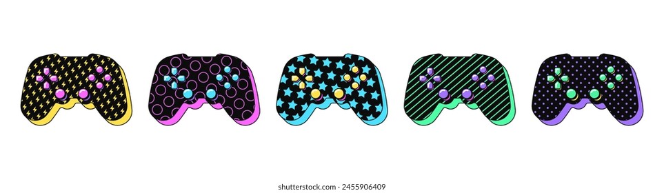 Isolated retro black gamepad icon set, vector stickers. Wireless joystick, videogame station, playing video console, gamer gadget. Textured 3d game controller set, retro design elements for ads