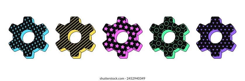 Isolated retro black gear icon set, vector stickers. Gearwheel, settings control, adjustment tool, system configuration. Textured 3d gear wheel set, retro design elements for ads and pop culture