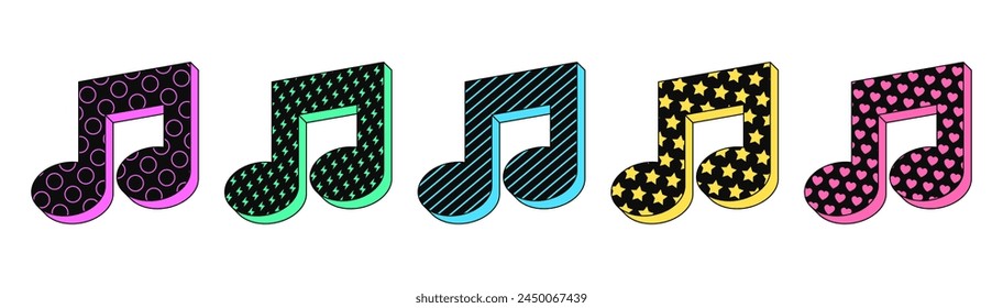 Isolated retro black music note icon set, vector stickers. Melody, musical show, music festival, disco party, karaoke. Textured 3d music note set, retro design elements for party and pop culture