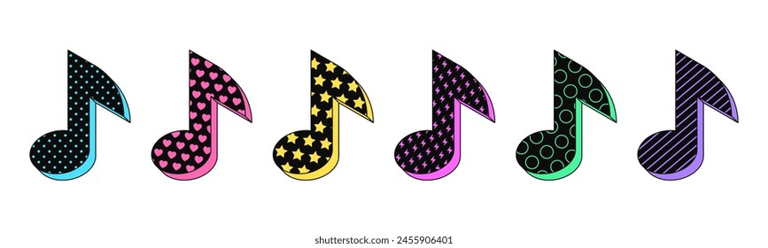 Isolated retro black music note icon set, vector stickers. Musical show, melody, music festival, disco party, karaoke. Textured 3d music note set, retro design elements for party and pop culture