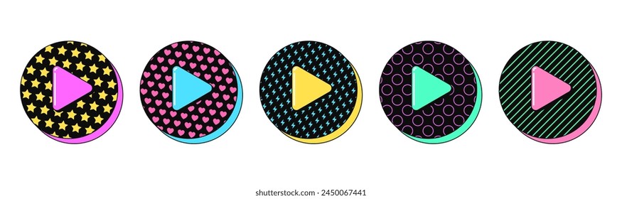 Isolated retro black play button icon set, vector stickers. Player, start sign, music and video content, game stream. Textured 3d play button set, retro design elements for ads and pop culture