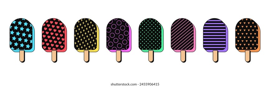 Conjunto de iconos de paleta negro retro aislado, pegatinas de Vector. Helado de fruta, zumo congelado con palo, barra de piruleta de verano. Conjunto de paletas 3D con textura, Elementos de diseño retro para anuncios y fiesta pop