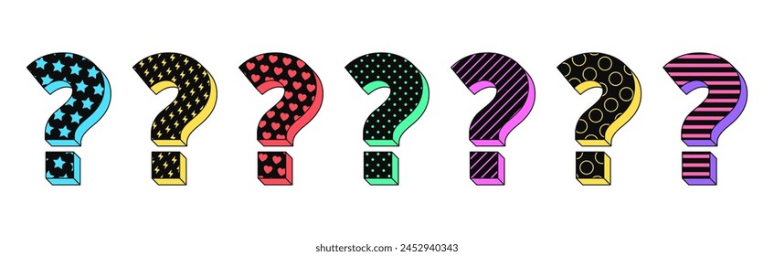 Isolated retro black question icon set, vector stickers. Ask, unknown problem, quest, find solution, secret, search answer. Textured 3d question mark set, retro design elements for ads and pop culture