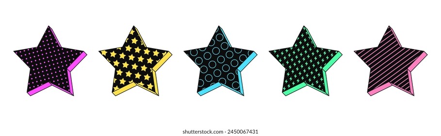 Isolated retro black star icon set, vector stickers. Superstar and celebrity, popularity, famous legend, award. Textured 3d star set, retro design elements and signs for party and pop culture