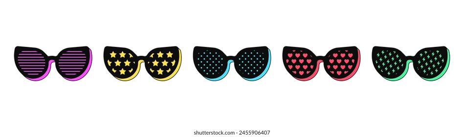 Isolated retro black sunglasses icon set, vector stickers. Fashion glasses, glamour spectacles, crazy party eyewear. Textured sunglass set, retro design elements for style ads, party and pop culture