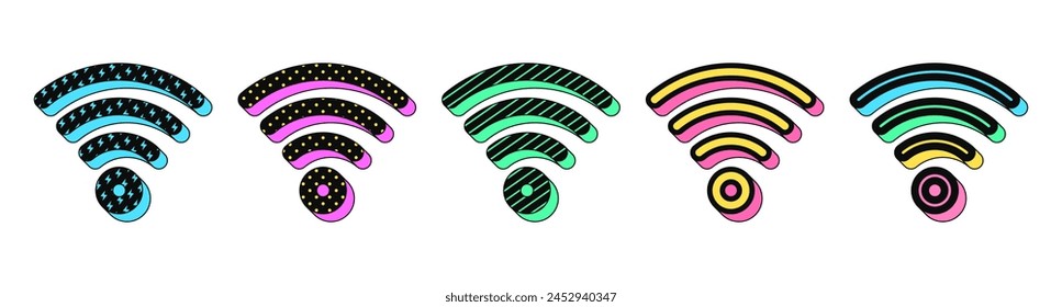 Isolated retro black wifi icon set, vector stickers. Wireless internet and network connection, hotspot, 5g wifi router, antenna. Textured 3d wifi set, retro design elements for ads and pop culture