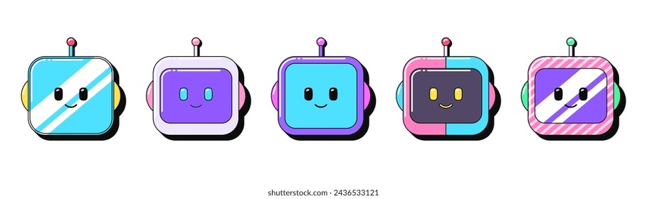 Isolated retro bot icon set, vector stickers. Cute robot head, virtual smart assistant, phone chatbot with AI technology, digital intelligence. 3D bot heads with pattern. Retro design elements for ads