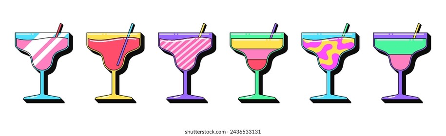 Isolated retro cocktail icon set, vector stickers. Cocktail party, glasses with juice or alcohol drink, summer bar. Outline 3D cocktails with pattern. Retro design elements for ads and pop party