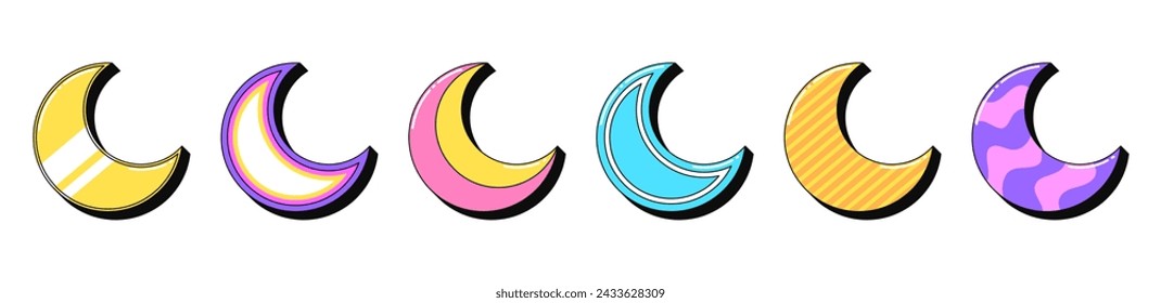 Conjunto de iconos de media luna retro aislado, pegatinas vectoriales. Media luna, sueño mágico, noche y tiempo de sueño, fase lunar. Contorno de medias lunas 3d con patrón. Elementos de diseño retro para anuncios y cultura pop