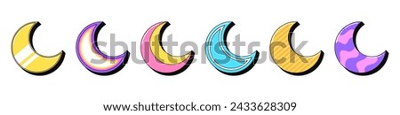 Isolated retro crescent icon set, vector stickers. Half moon, magic dream, night and sleep time, moon phase. Outline 3d crescents with pattern. Retro design elements for ads and pop culture