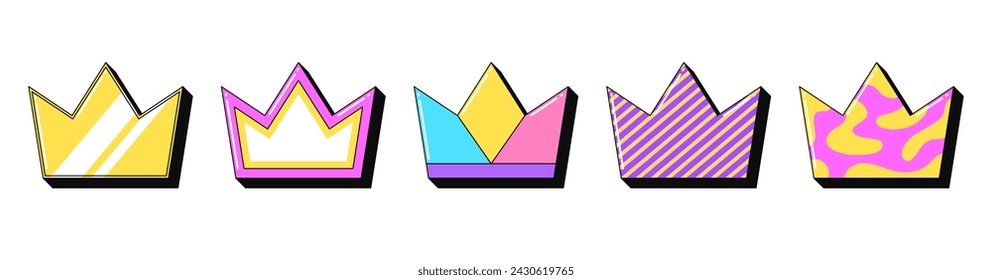 Isolated retro crown icon set, vector stickers. Royal hat, king or queen crown, premium luxury, kingdom and empire. Outline 3d crowns with pattern. Retro design elements for party and pop culture