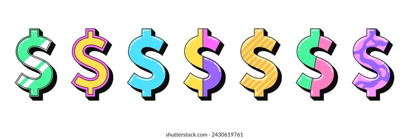 Conjunto de iconos de dólar retro aislado, pegatinas vectoriales. Dinero, símbolo de moneda, signo de efectivo, finanzas, negocios bancarios, inversión. Esbozar dólares 3d con patrón. Elementos de diseño retro para la cultura pop