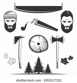 Isolated Retro Elements with Lumberjack Character with Hat and Beard, Smoking Pipe, Saw, Crosscut, Axe, Forest Silhouette, Tree Leaves and Log